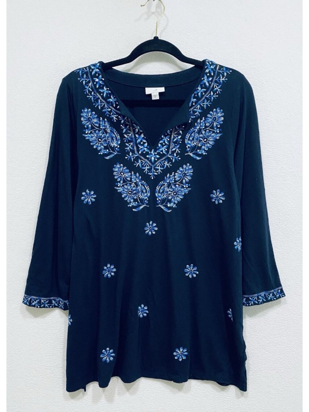 J Jill Top Womens Medium Navy Blue Floral Embroidered 3/4 Sleeve Boho Peasant
